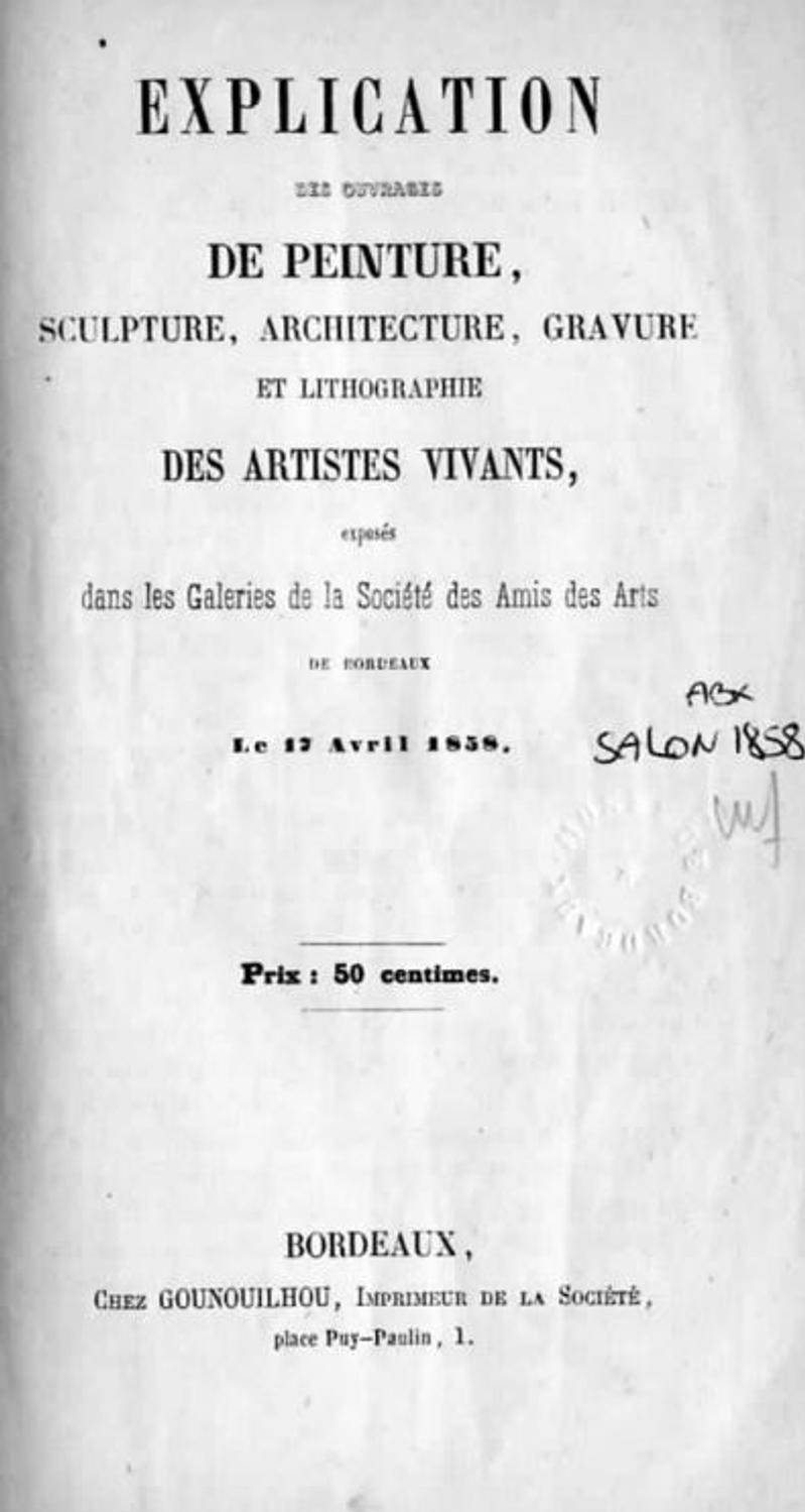 Couverture du catalogue 1858 de la Société des Amis des Arts de Bordeaux