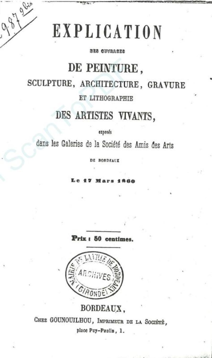 Couverture du catalogue 1860 de la Société des Amis des Arts de Bordeaux