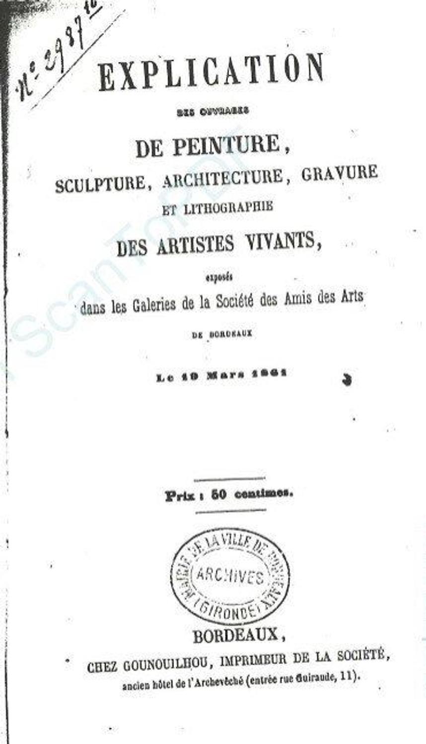 Couverture du catalogue 1861 de la Société des Amis des Arts de Bordeaux