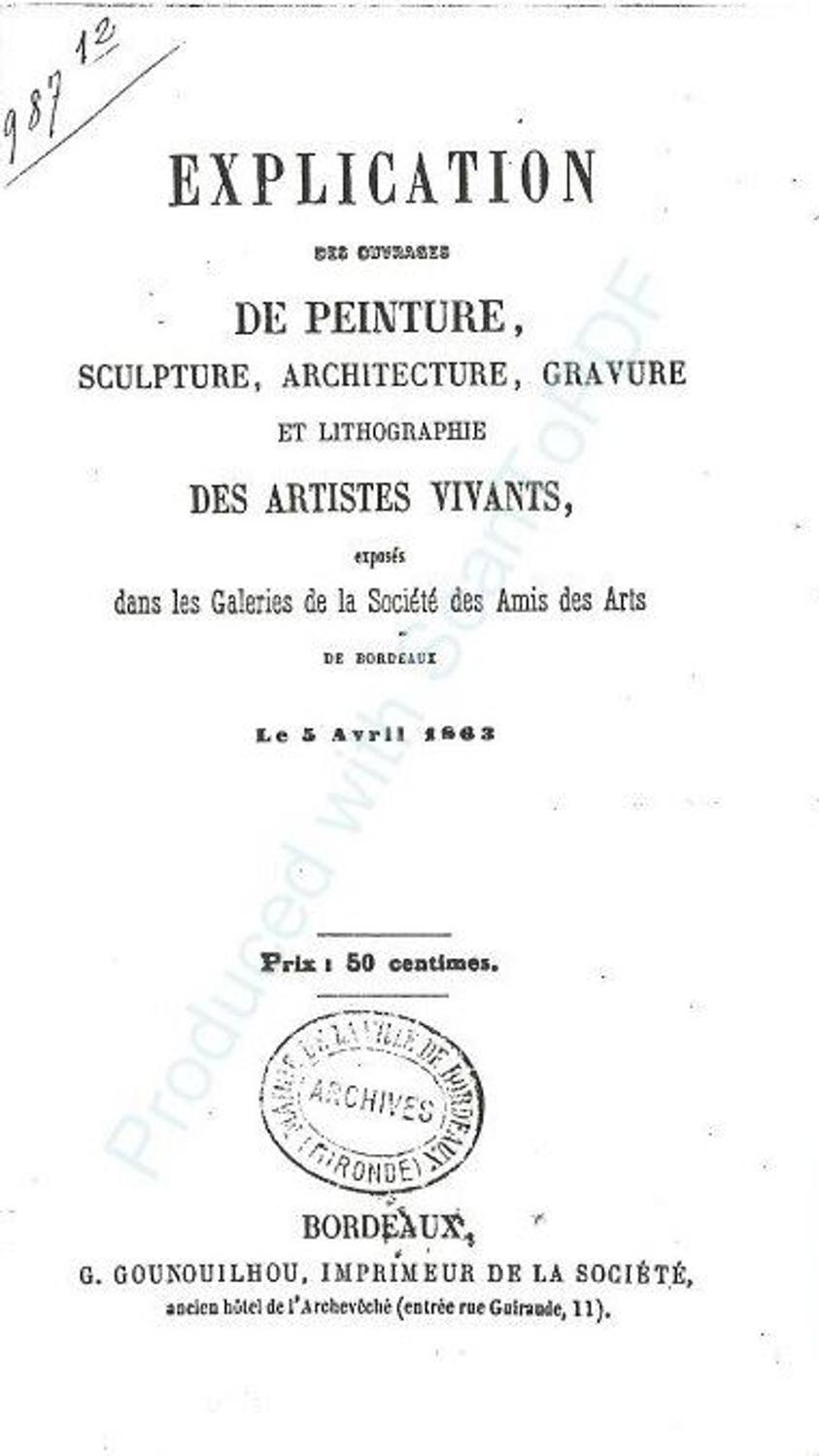 Couverture du catalogue 1863 de la Société des Amis des Arts de Bordeaux