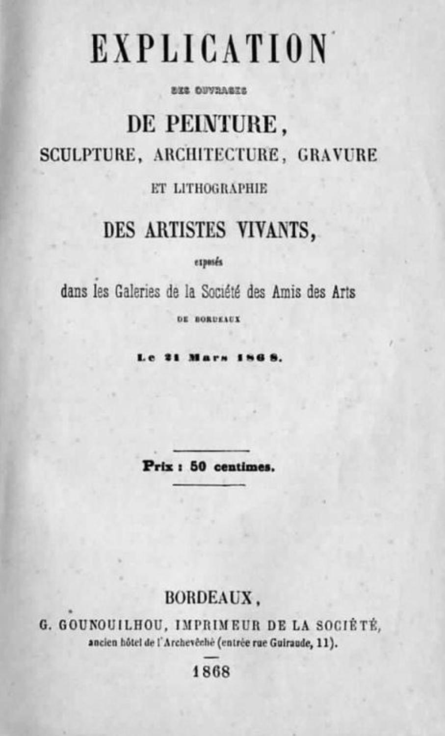 Couverture du catalogue 1868 de la Société des Amis des Arts de Bordeaux