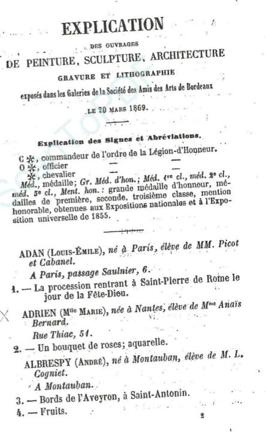 Couverture du catalogue 1869 de la Société des Amis des Arts de Bordeaux