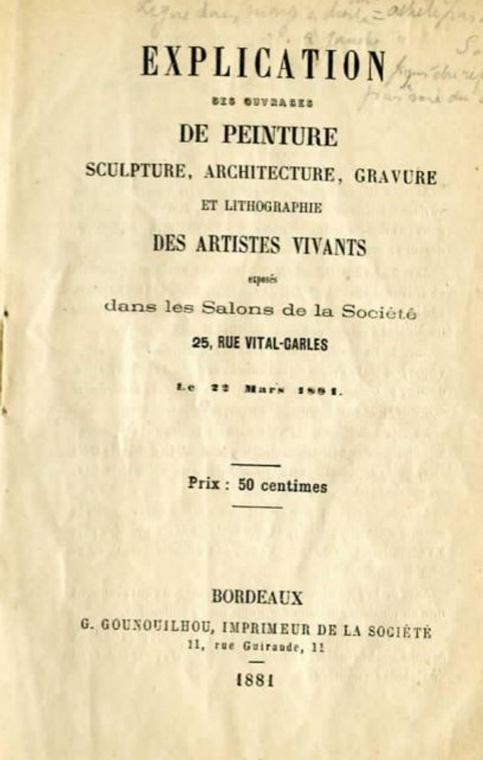 Couverture du catalogue 1881 de la Société des Amis des Arts de Bordeaux