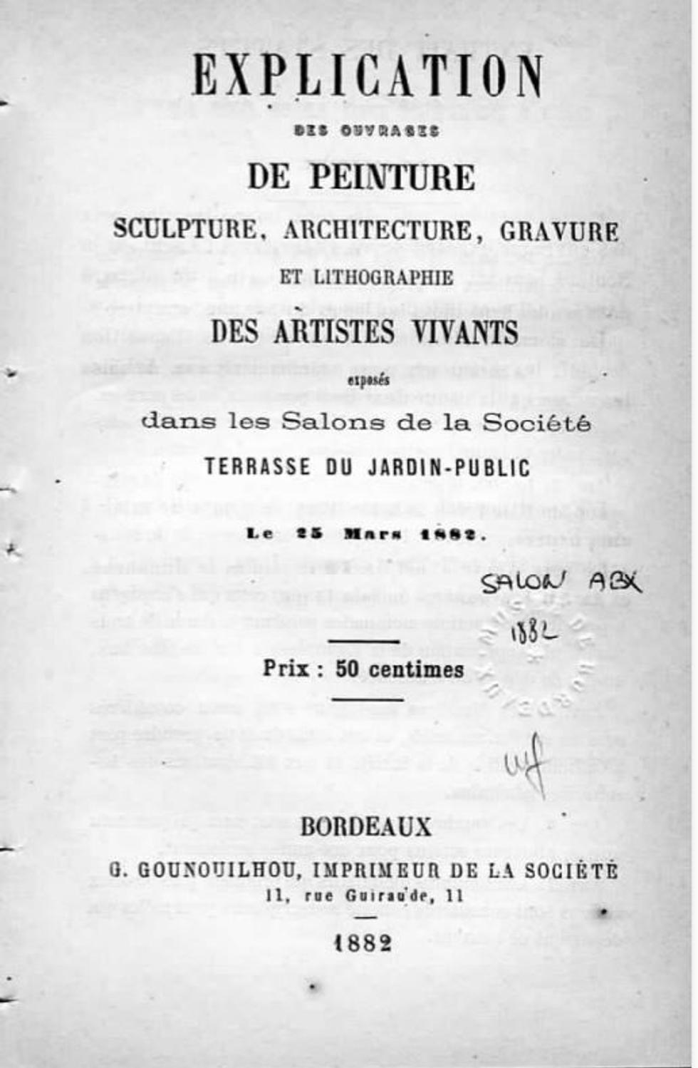 Couverture du catalogue 1882 de la Société des Amis des Arts de Bordeaux