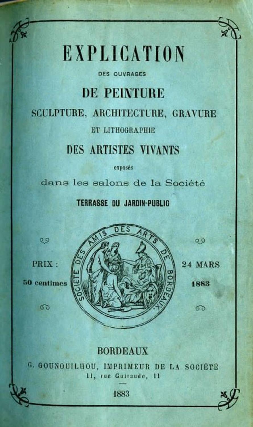 Couverture du catalogue 1883 de la Société des Amis des Arts de Bordeaux