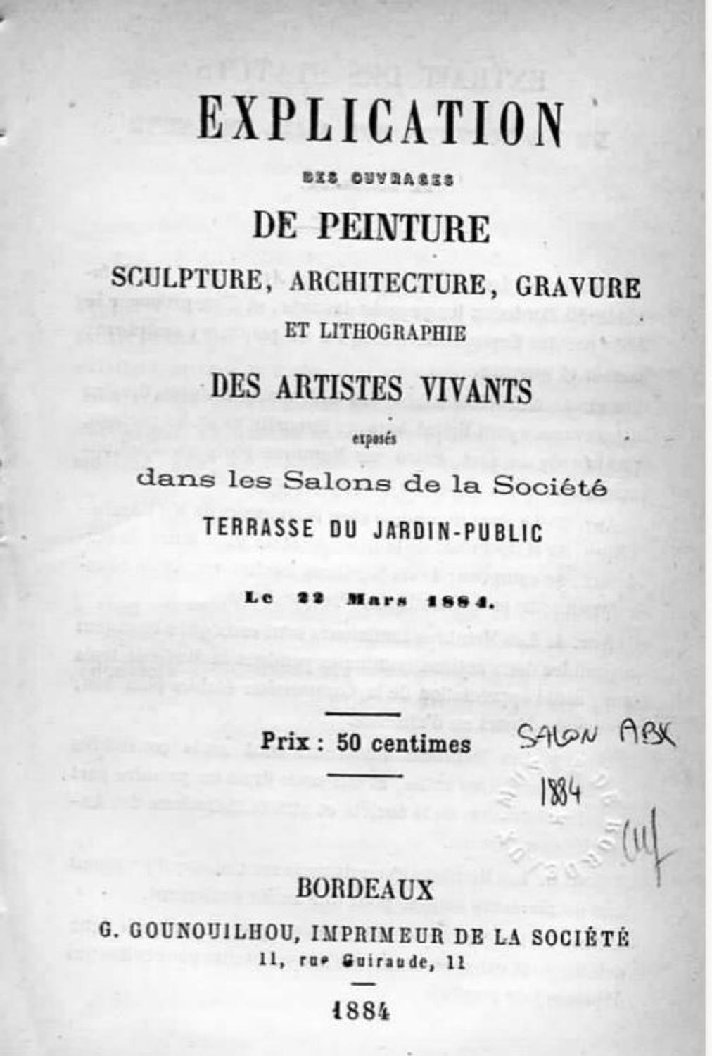 Couverture du catalogue 1884 de la Société des Amis des Arts de Bordeaux