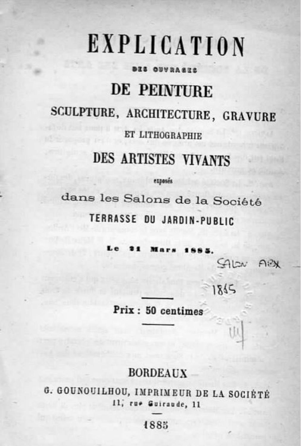 Couverture du catalogue 1885 de la Société des Amis des Arts de Bordeaux