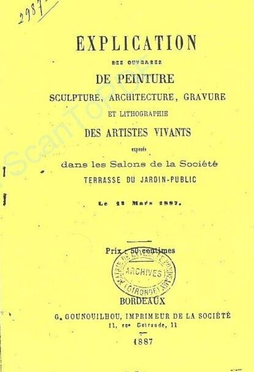 Couverture du catalogue 1887 de la Société des Amis des Arts de Bordeaux