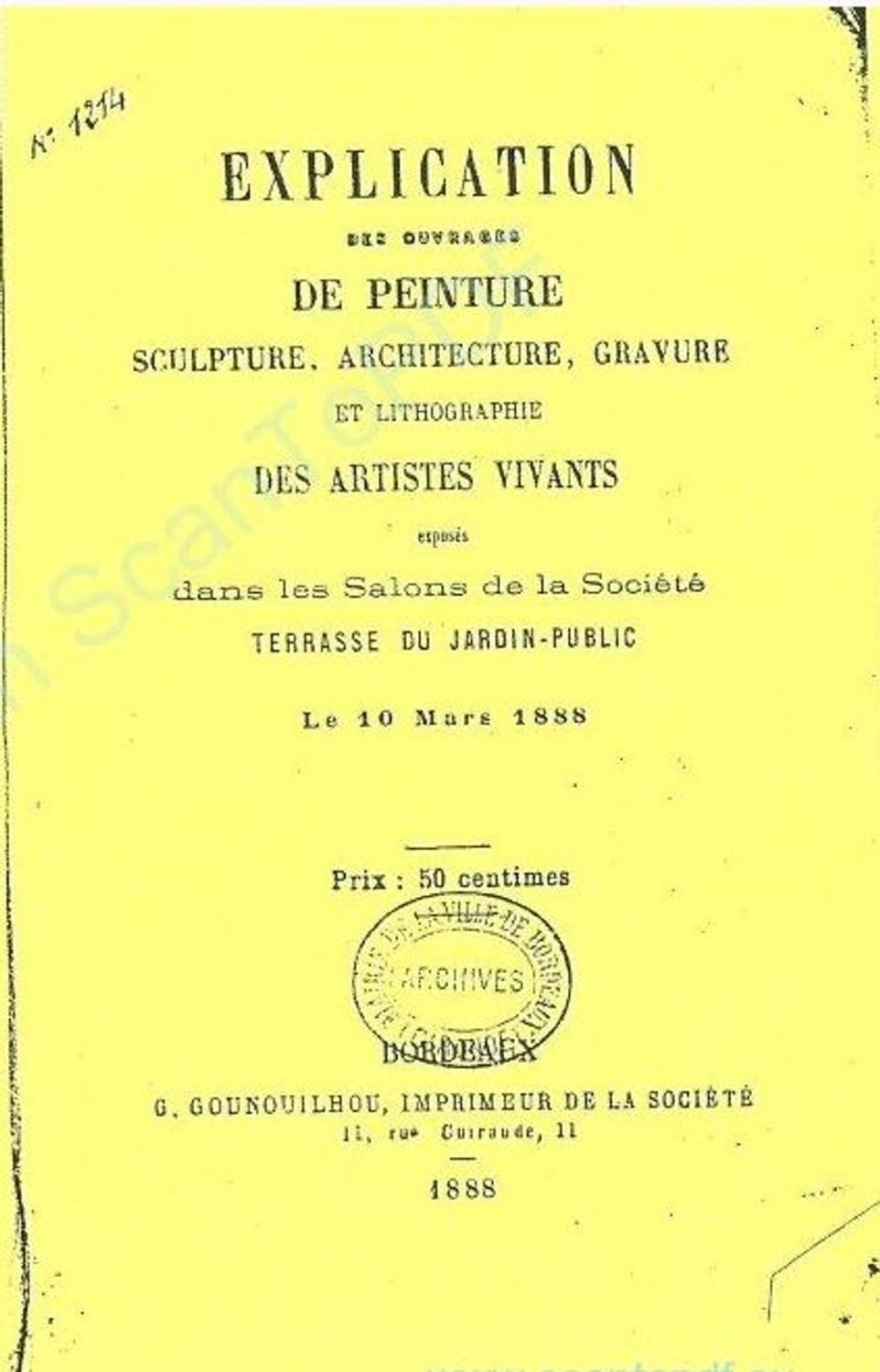 Couverture du catalogue 1888 de la Société des Amis des Arts de Bordeaux