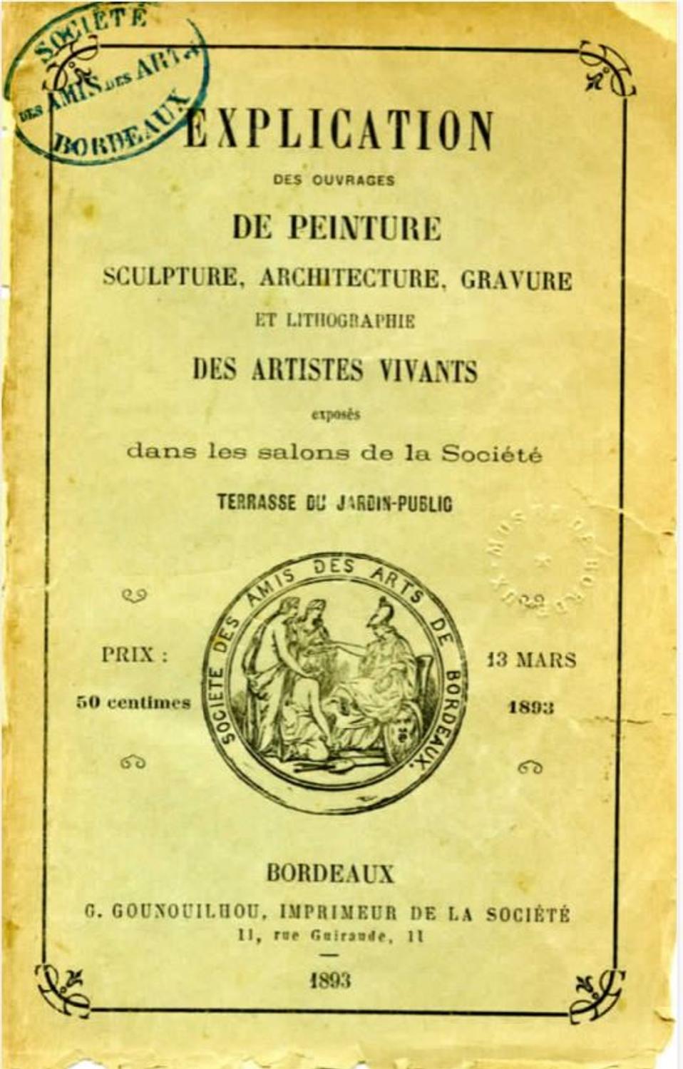 Couverture du catalogue 1893 de la Société des Amis des Arts de Bordeaux