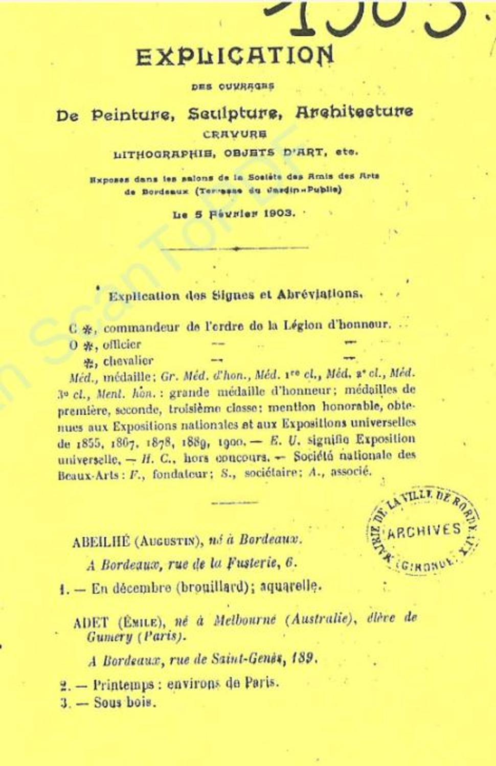 Couverture du catalogue 1903 de la Société des Amis des Arts de Bordeaux