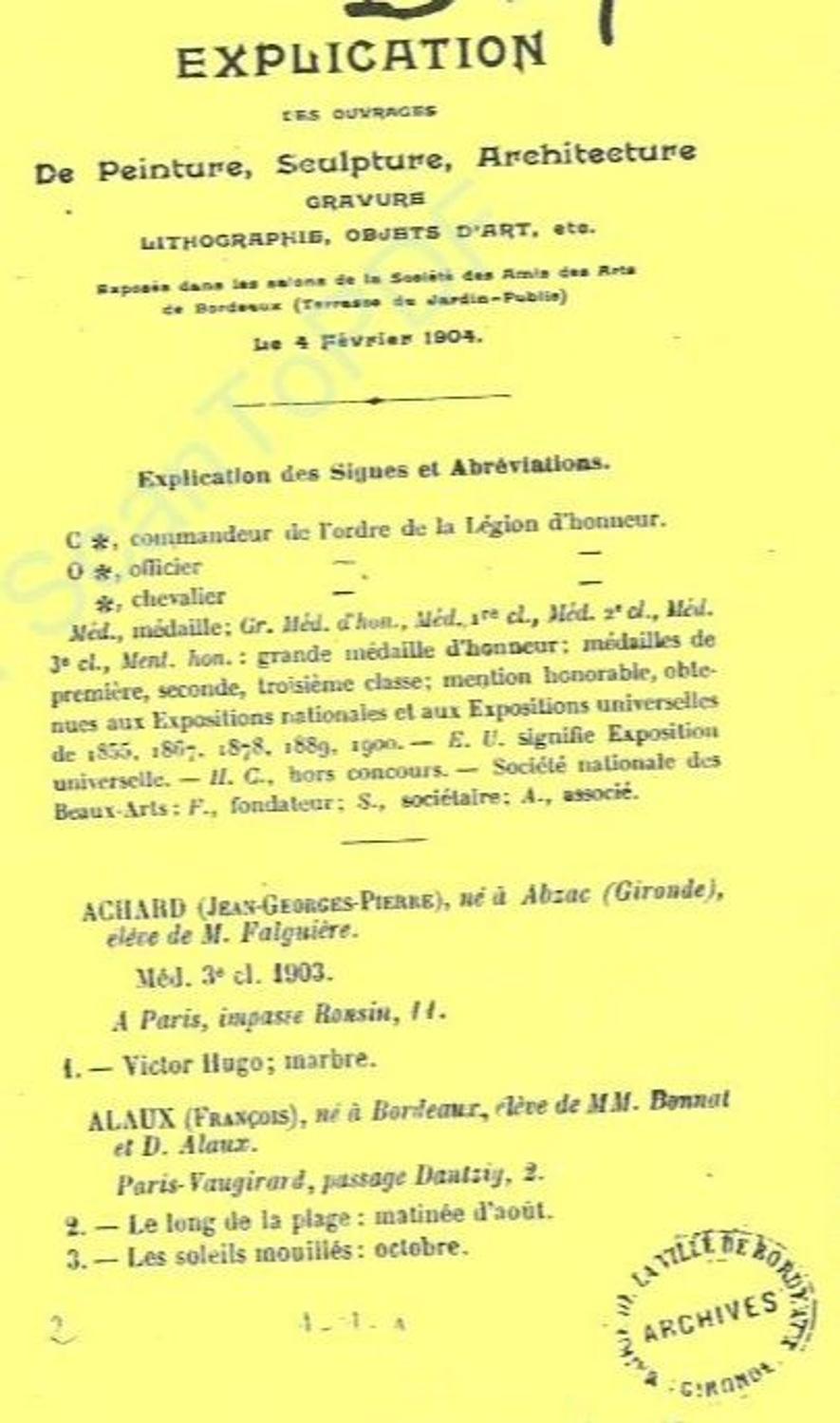 Couverture du catalogue 1904 de la Société des Amis des Arts de Bordeaux