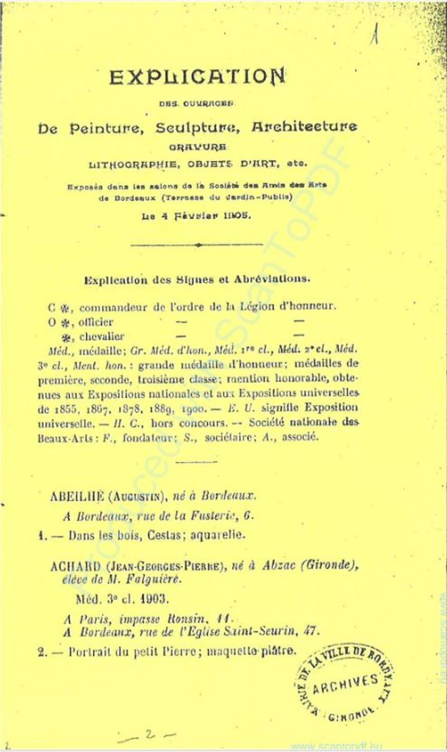 Couverture du catalogue 1905 de la Société des Amis des Arts de Bordeaux