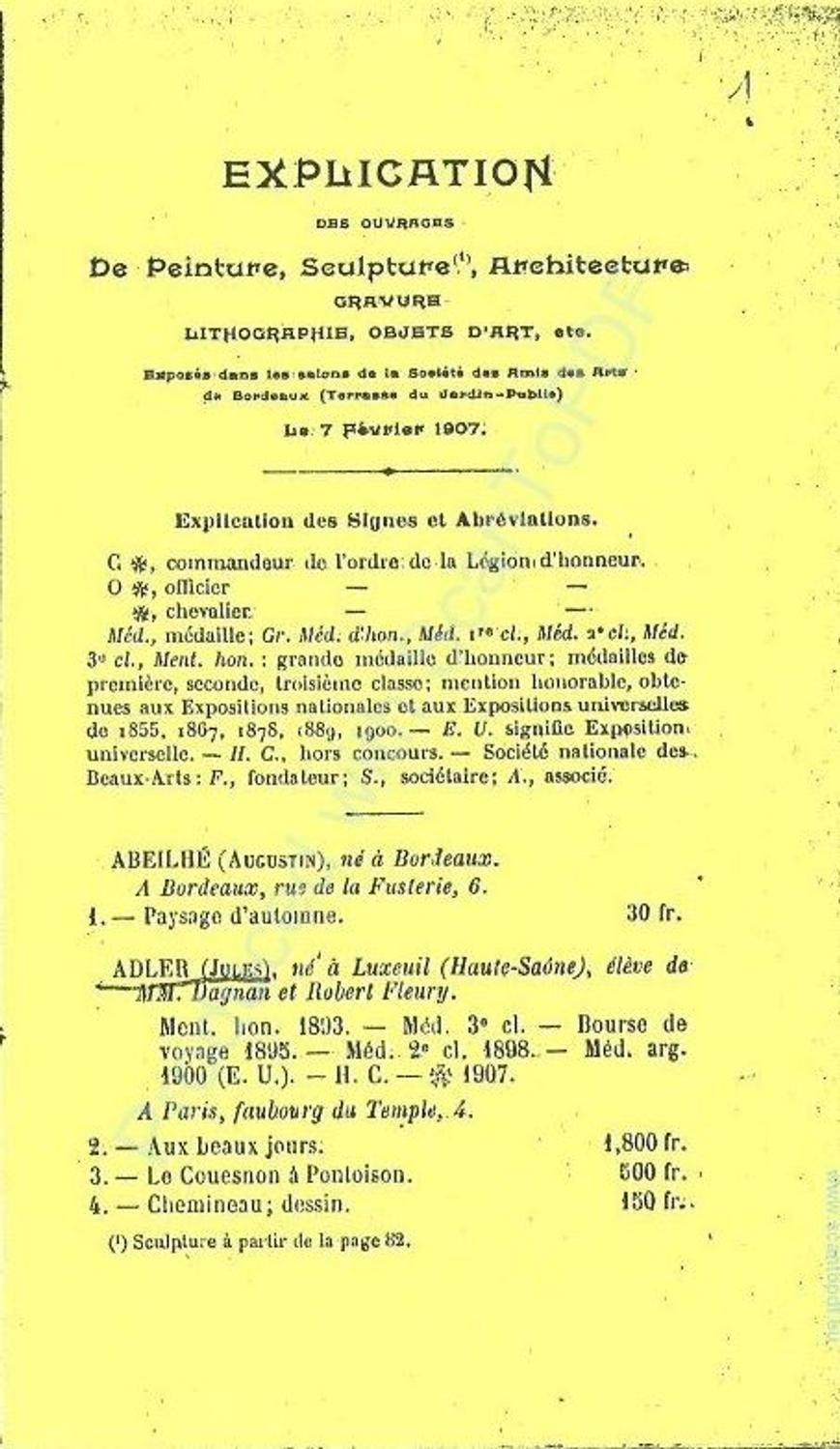 Couverture du catalogue 1907 de la Société des Amis des Arts de Bordeaux