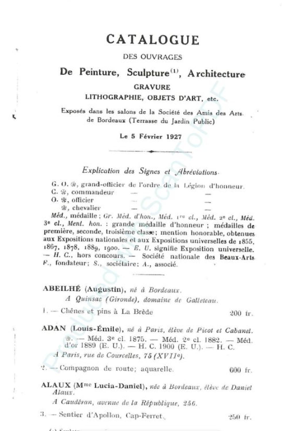 Couverture du catalogue 1927 de la Société des Amis des Arts de Bordeaux