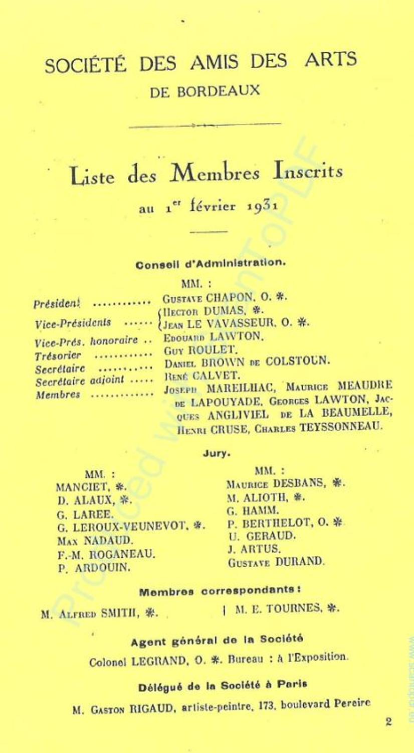 Couverture du catalogue 1931 de la Société des Amis des Arts de Bordeaux