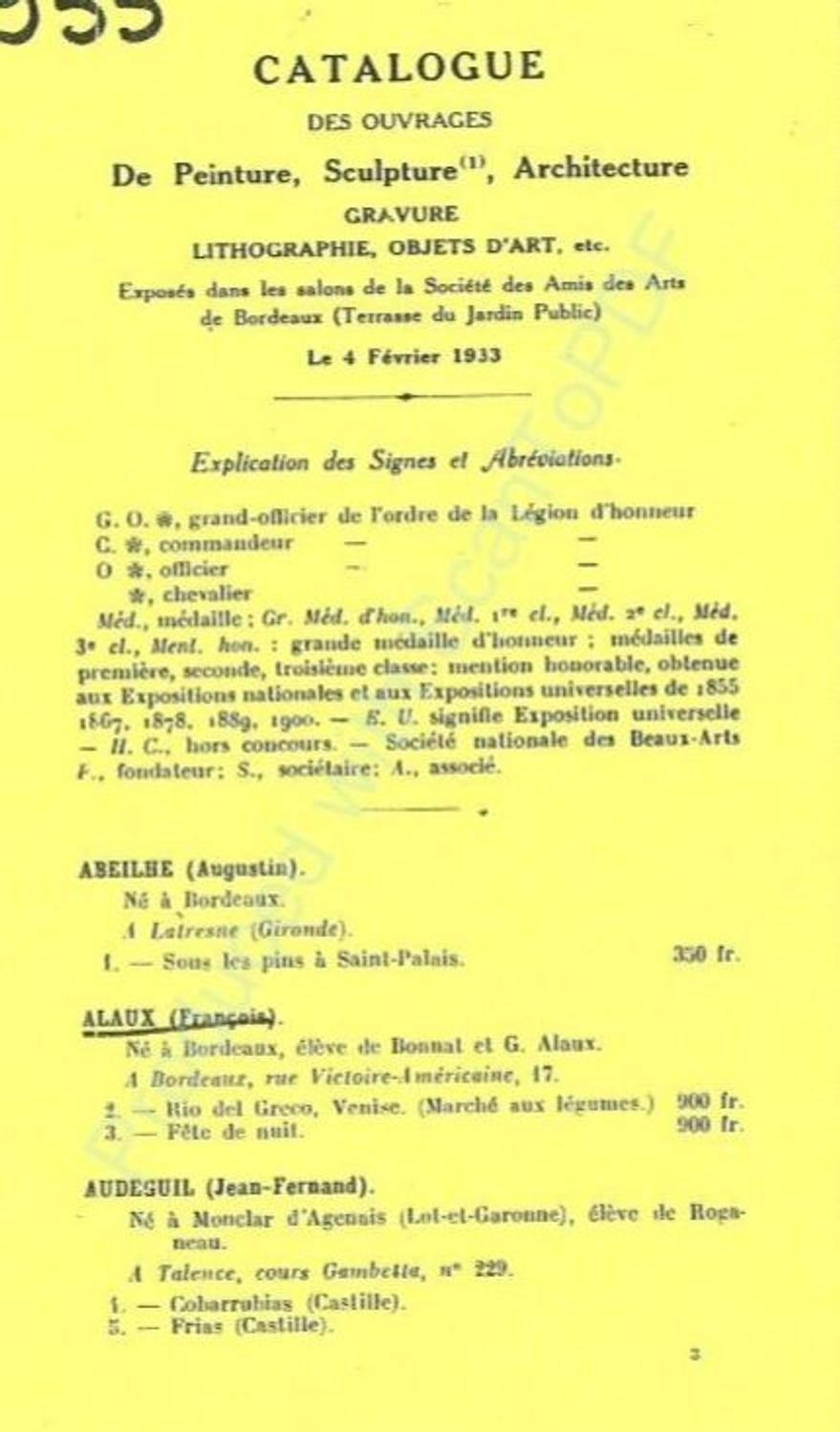 Couverture du catalogue 1933 de la Société des Amis des Arts de Bordeaux