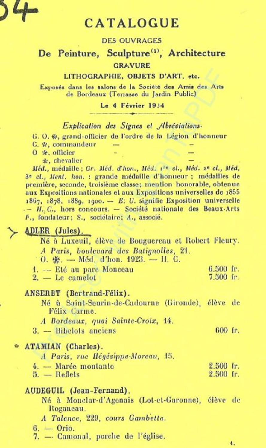 Couverture du catalogue 1934 de la Société des Amis des Arts de Bordeaux