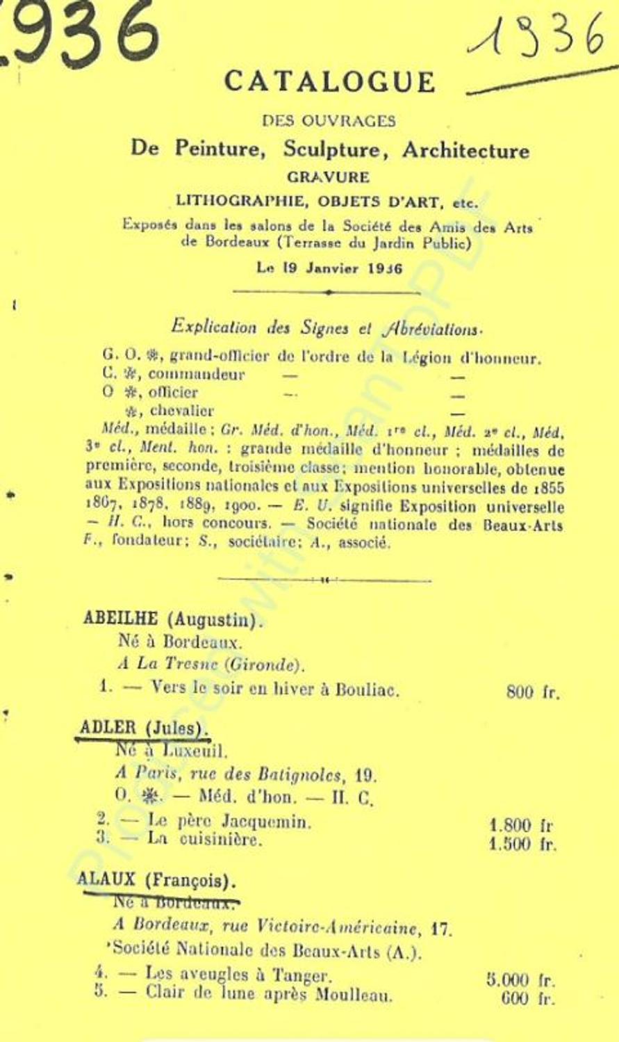 Couverture du catalogue 1936 de la Société des Amis des Arts de Bordeaux