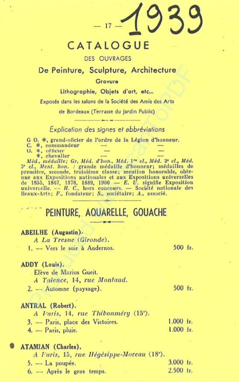 Couverture du catalogue 1939 de la Société des Amis des Arts de Bordeaux